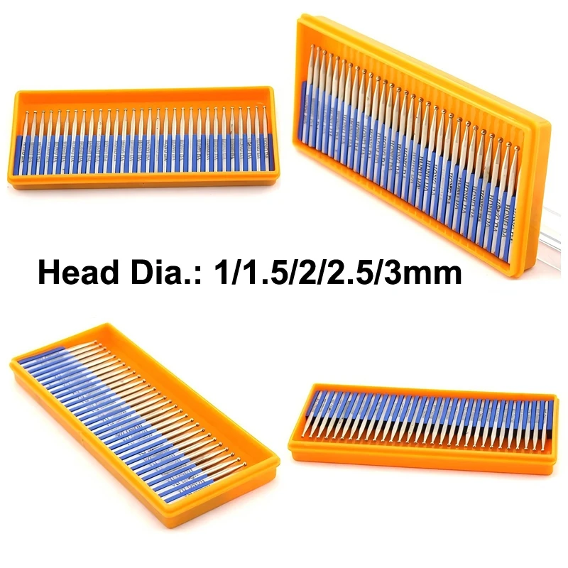 30Pcs Diamond Grinding Head Round Ball Shape 1 1.5 2 2.5 3mm Bits Needle Carving Burrs 3mm Shank for Dremel Tools Accessories