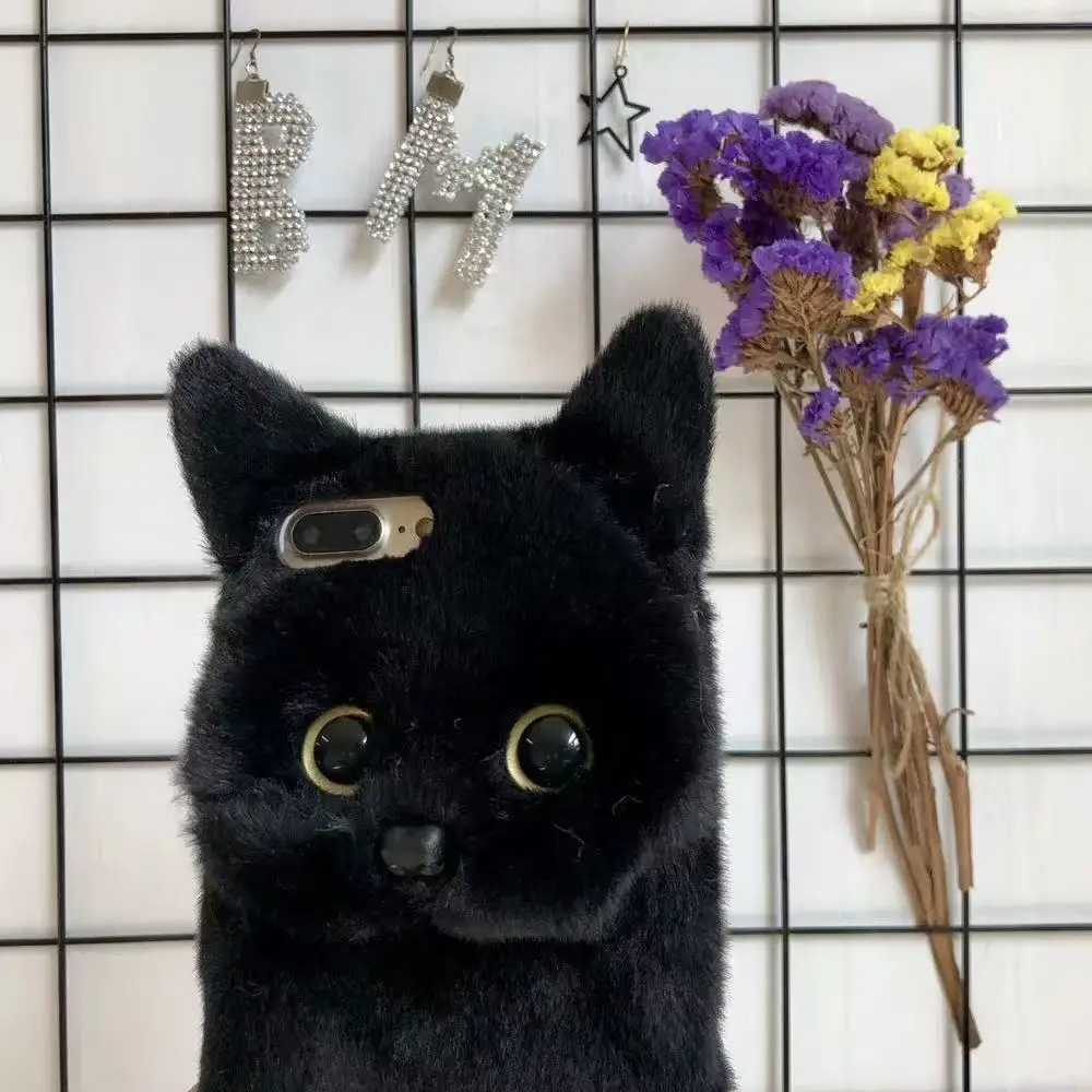 

Black cat is suitable for iPhone case, cute plush cat all-inclusive mobile phone protective cover original handmade case
