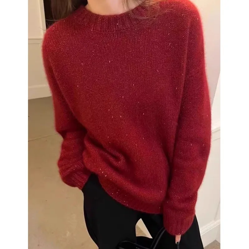 New Year's red sequined stylish round-neck wool knitted sweater women loose and thick sweater top autumn and winter