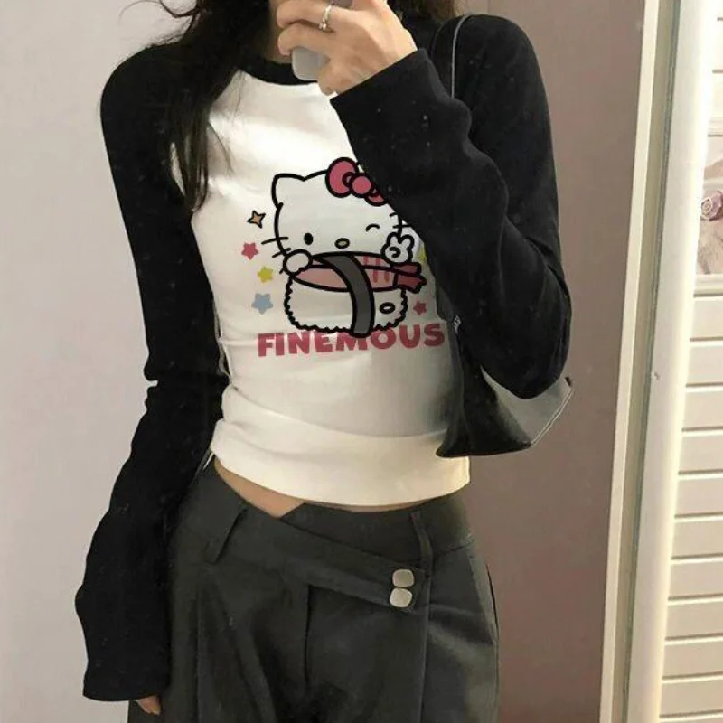 

Женская футболка Sanrio Hello Kitty с длинным рукавом, хлопковая, осенне-зимняя, в стиле ретро, гонконгский дизайн, нишевая модель, стройнящая, шикарная.