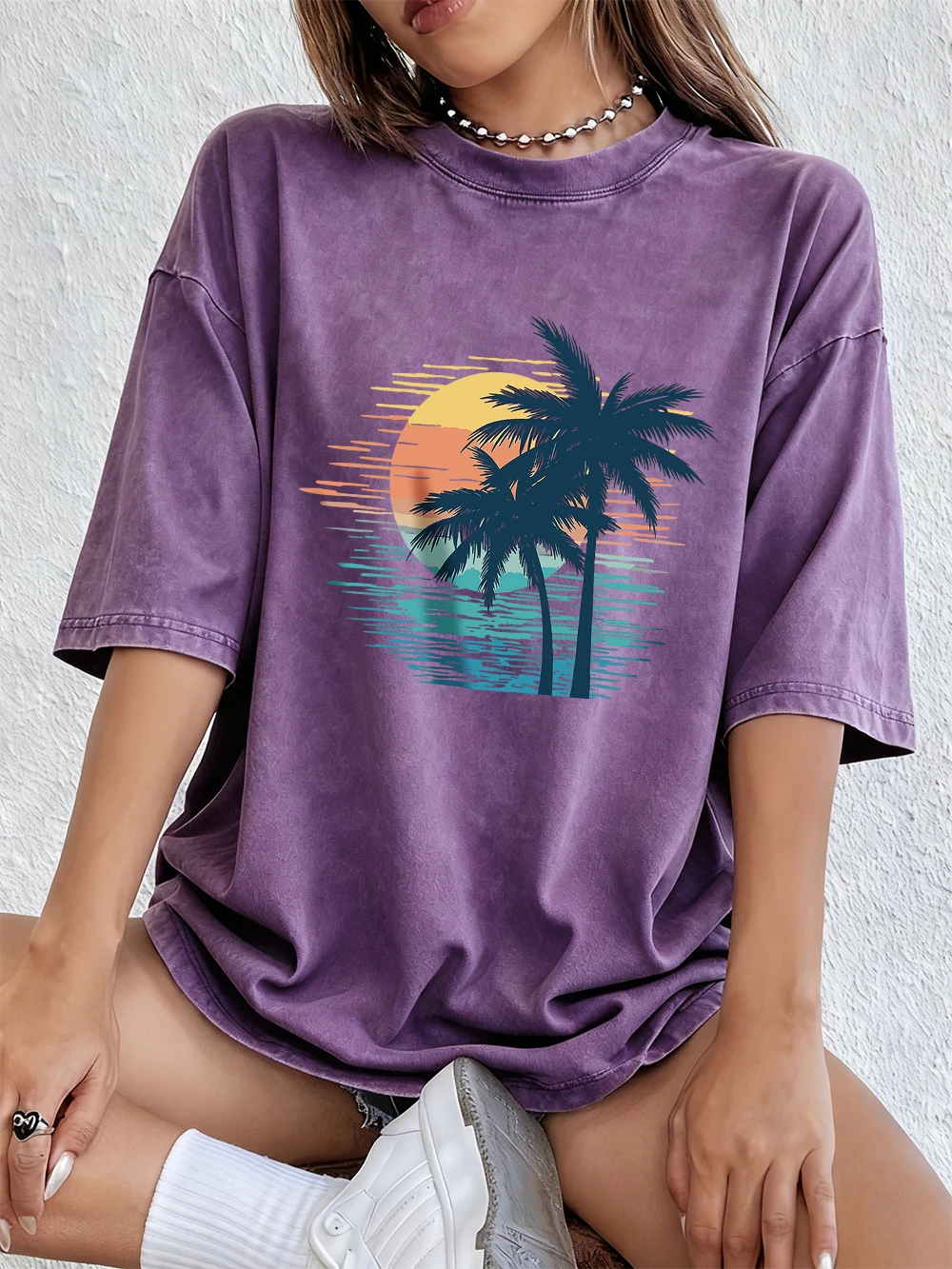 Sonnenuntergang Kokospalmen-Szene Baumwoll-Washed-T-Shirts für Damen – Sommerliche Basic Oversized Oberteile, bequem, weich, Distressed, O-Neck Streetwear – Detail 13