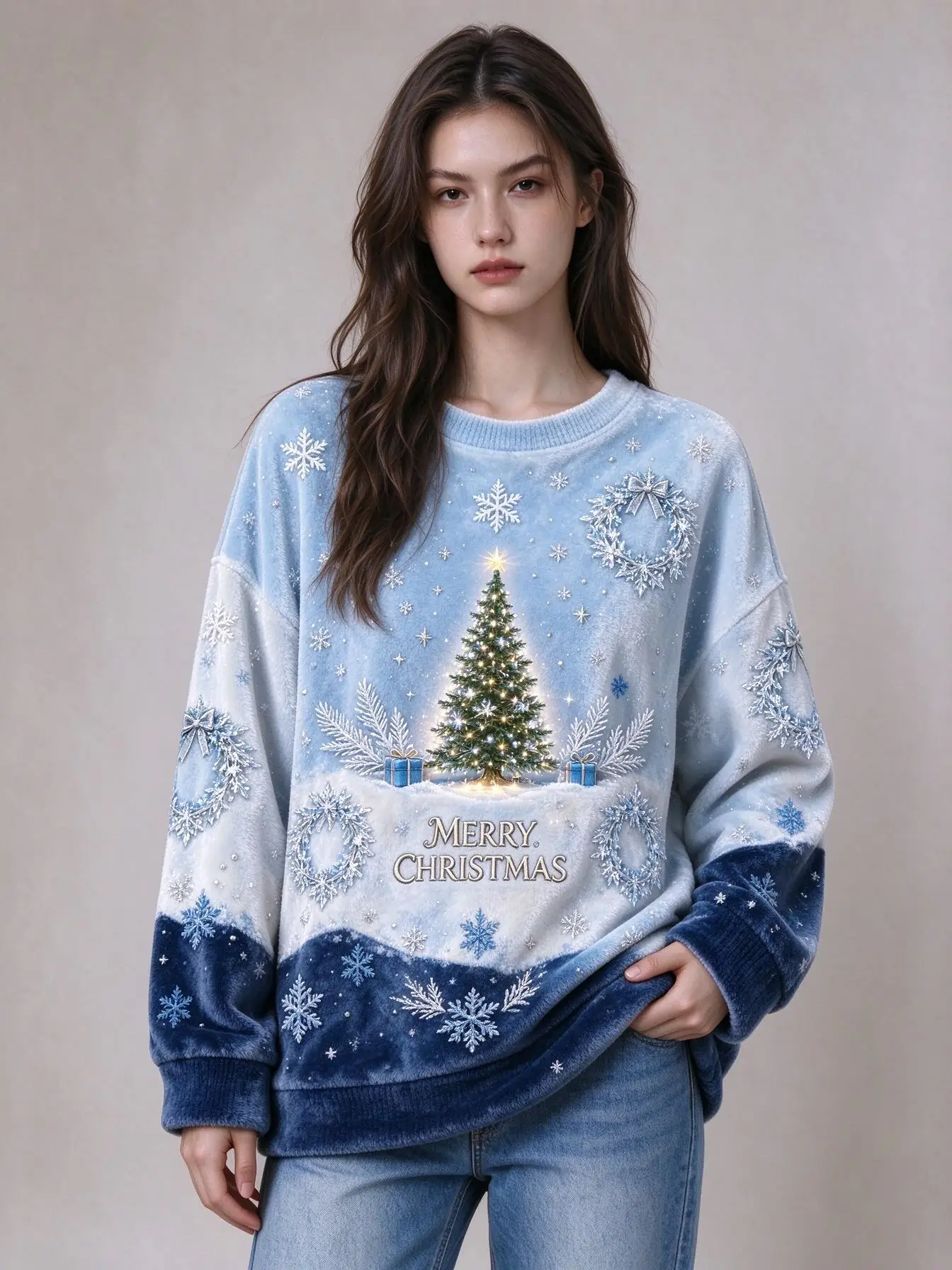 Blue Gradient Christmas Tree Snow Scene Graphic Women Round Neck Flannel Sweatshirt Loose Casual Long Sleeve Pullover