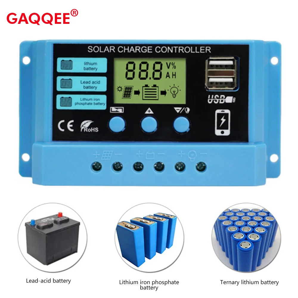 10A 20A 30A PWM Solar Charge Controller 12V 24V PV Regulator LCD Dual Port Solar Panel Controller for Lead-Acid Lithium Battery