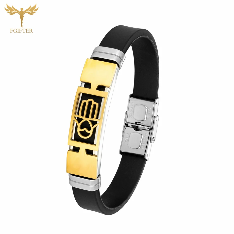 Hamsa Pulseiras para homens e mulheres, acessórios de aço inoxidável, bracelete preto, punho de borracha macia, etnia turca, jóias de mão