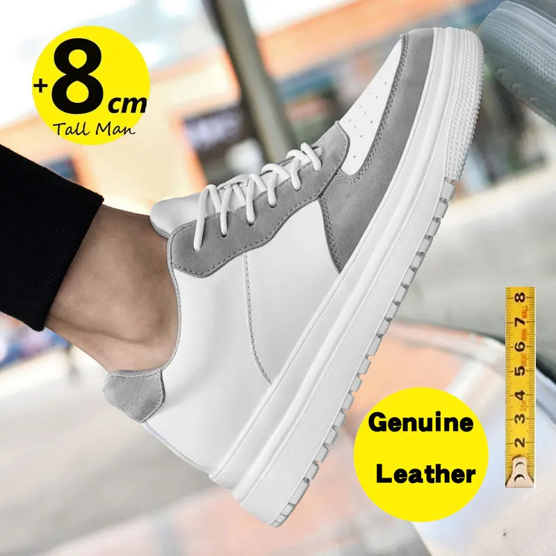 Tênis de elevador de couro genuíno para homens, sapatos respiráveis, palmilha aumentada invisível, elevador mais alto, 8cm