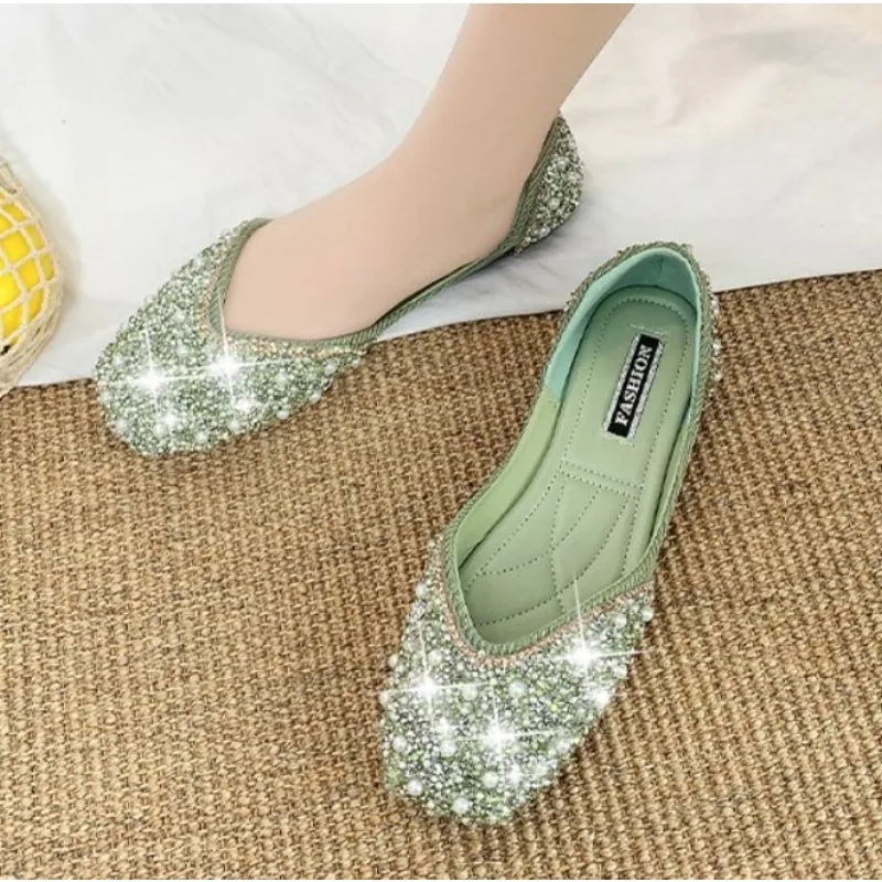 Zapatos de Ballet con tachuelas de perlas de cristal brillante para mujer, mocasines sin cordones con punta cuadrada, bailarinas cómodas y poco profundas, mocasines planos para mujer