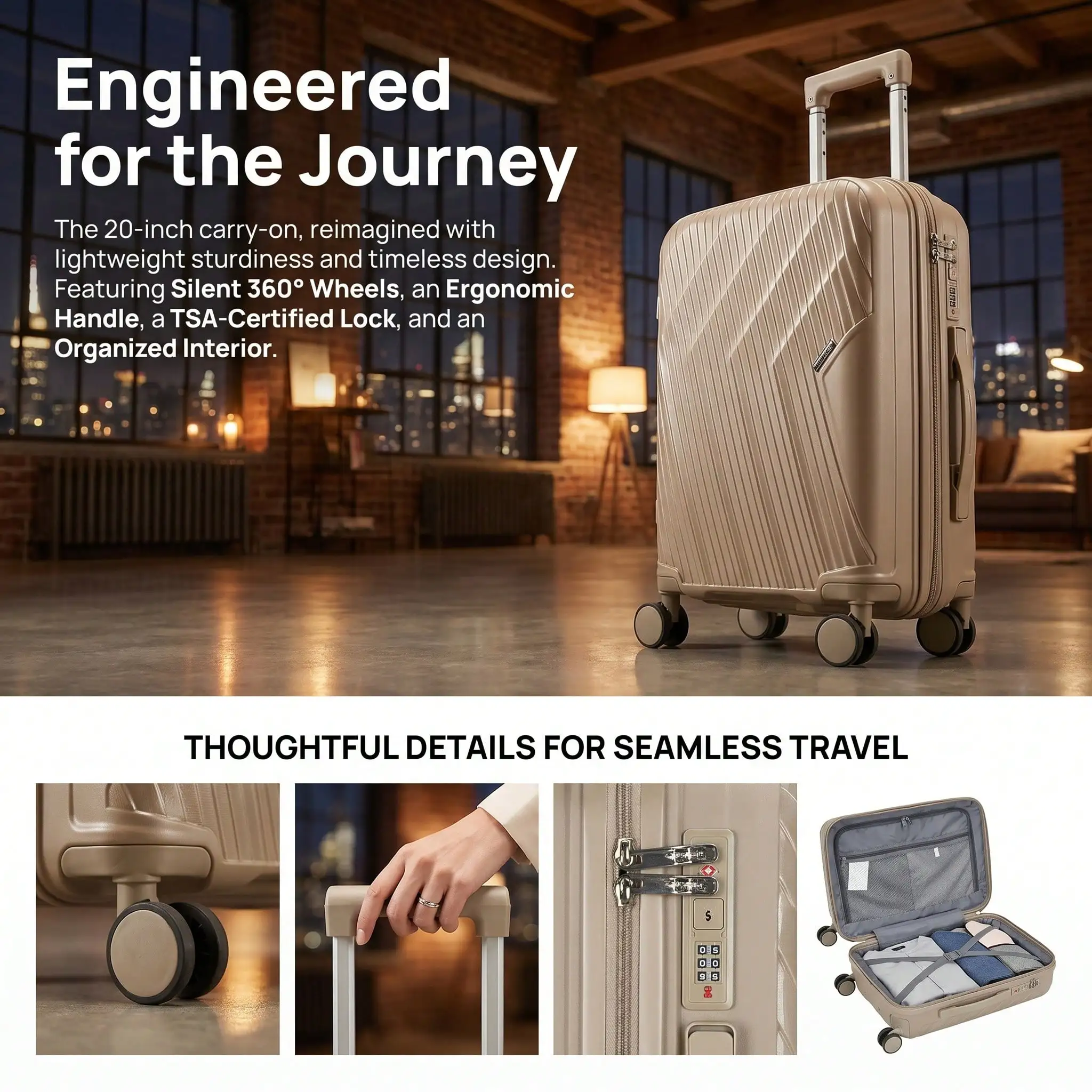 This 20-Inch Carry-On Suitcase Is Made Of PP Material, Featuring A Simple Solid Color Design, 360-Degree Smooth Universal Wheels, A TSA Lock, A Telescopic Handle, And A Zipper Closure. Suitable For Various Travelers And Students.