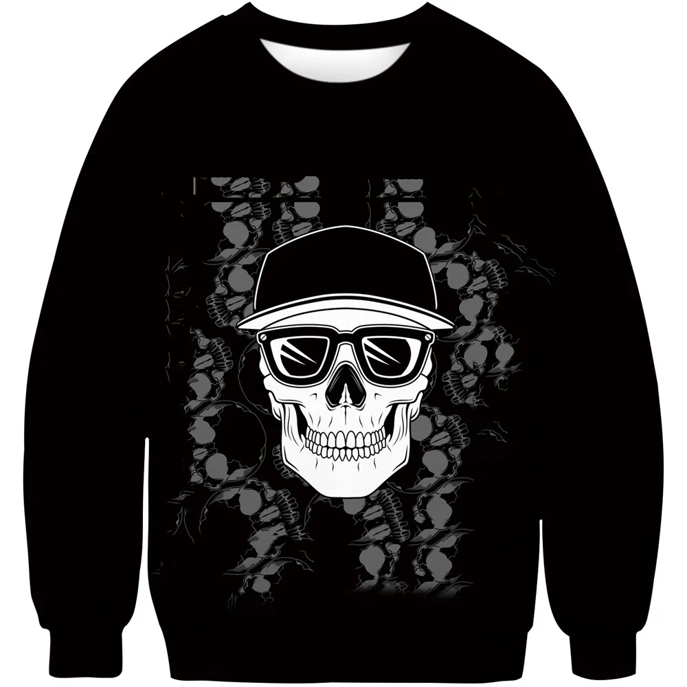 

2025 Fashion Skull Graphic 3D Print Polyester Men's Round Neck Hoodie Tops Autumn Thin Casual Hoodless Sweatshirt Man Streetwear