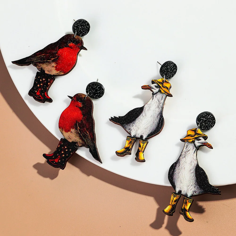 Cute Cartoon Duck Magpie Wood Earrings for Women New Funny Animal Birds Fox Monkey Acrylic Dangle Earrings Novelty Jewelry Gifts