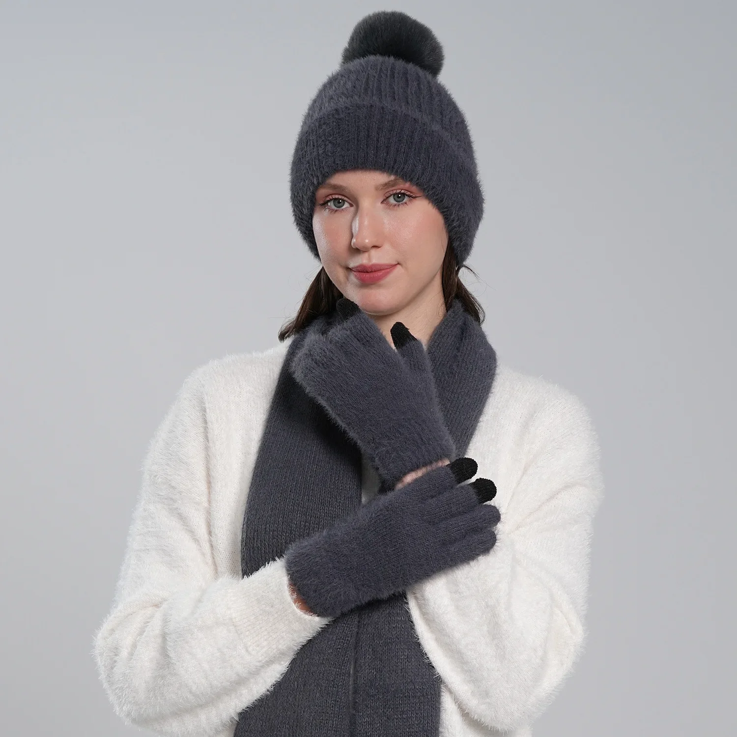 Winter Knit Hat Scarf Gloves 3 Piece Set for Adult Men Women Touch Screen Gloves Cold Weather Accessories