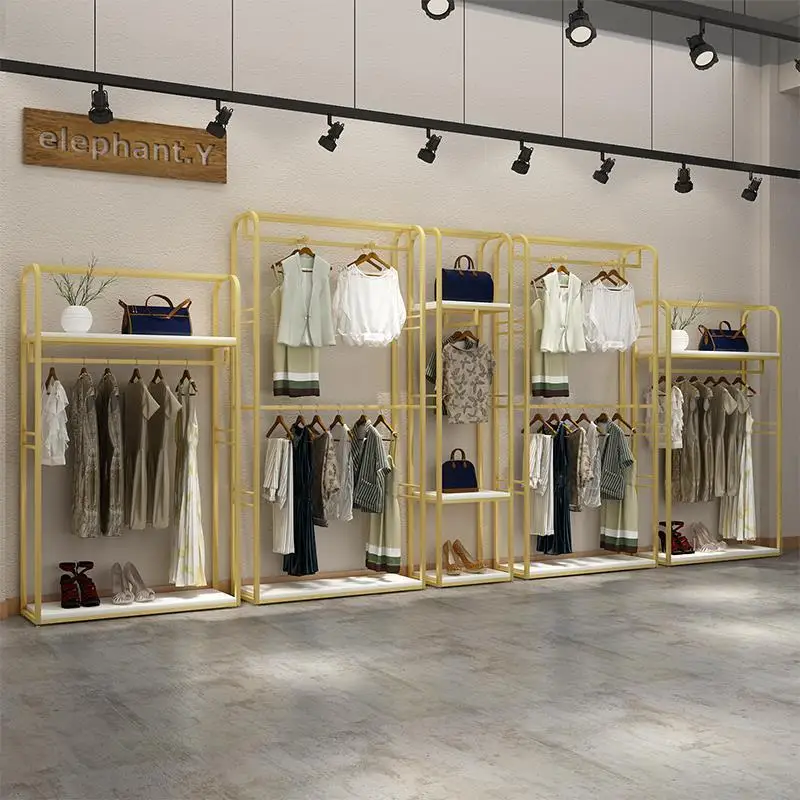 Clothing store double-layer floor-to-ceiling combination clothes hanging rod side hanging store shelf wrought iron