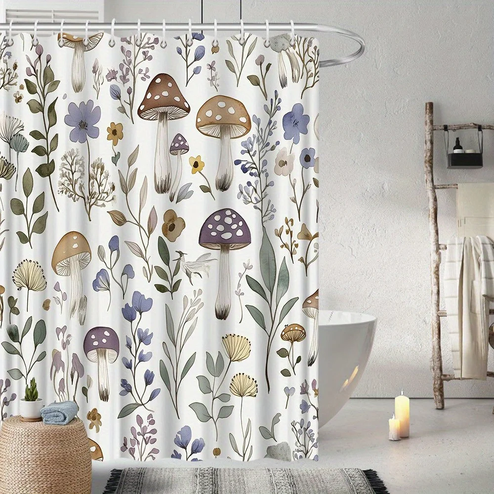

Красивая занавеска для душа с ботаническим принтом грибов и диких цветов для декора ванной комнаты в природном стиле, винтажный дизайн в лесном стиле