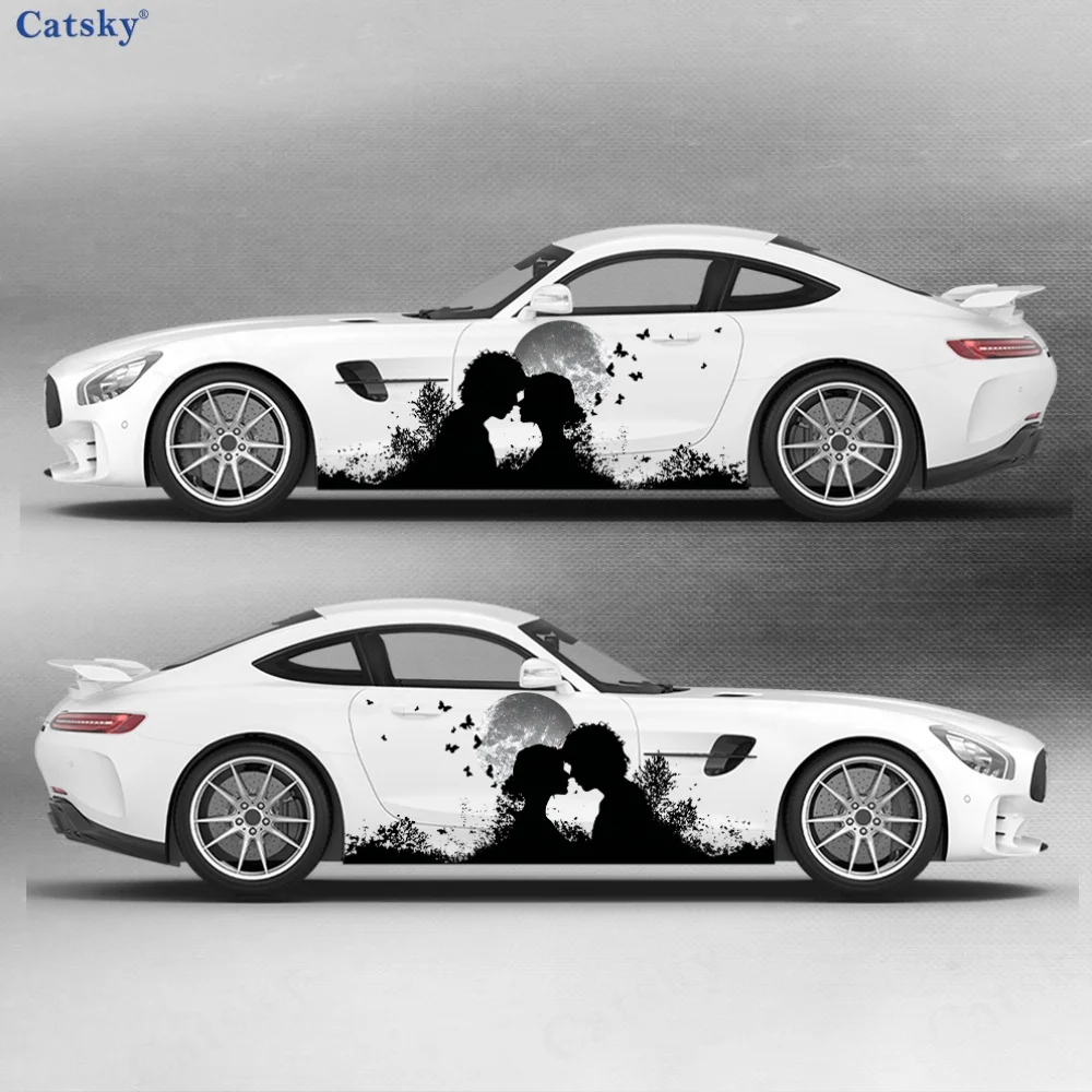 Black Forest couple silhouette sticker under the full moon, suitable for cars and trucks, durable, fade-resistant, easy to insta