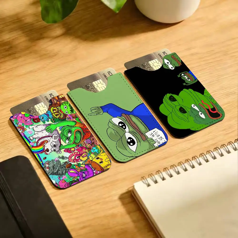 Sad Frog Pepe Men Leather Card Case, Minimalist Mini Credit/Bus ID Card Holder, Small Compact for Office Business