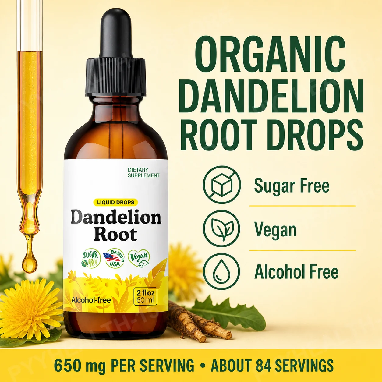 Dandelion Root Extract Drops, Digestive Comfort and Daily Wellness Support, Sugar Free, Alcohol Free, 60 mL, 84 Servings