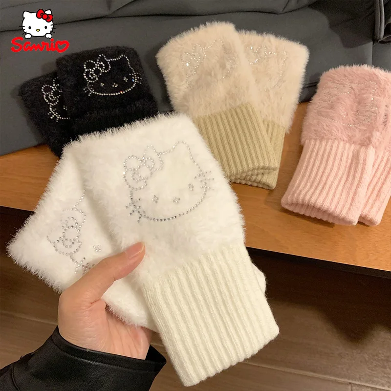 Kawaii Sanrio Hello Kitty Handschoenen Pluche Half Vinger Handschoenen Voor Vrouwen Winter Warme Zachte Breihandschoenen Accessoires Kerstcadeaus