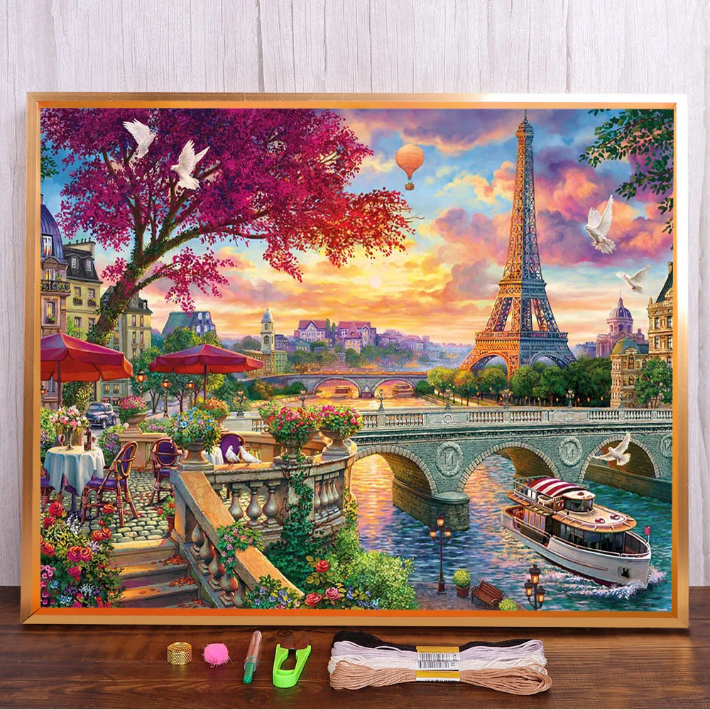 City Paris Landscape Printed Canvas 11CT Cross Stitch DIY Embroidery Set DMC Threads Craft Painting Handicraft Sewing   Magic