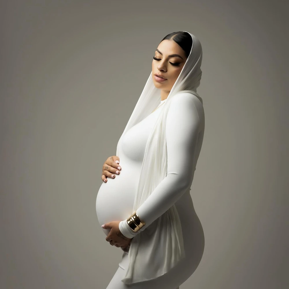 マタニティフォトドレス-ホワイト-長袖-妊婦用ガウン-ベール付き-ソフトストレッチ-ベビーバンプ写真撮影用衣装