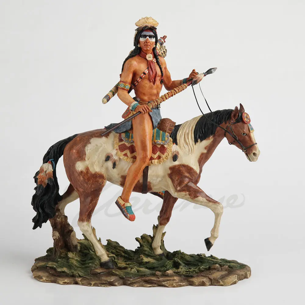 Native American Indian Warrior on Horse Statue with Spear Hand Painted Resin Figurine Home Office Decor Collectible Art Gift