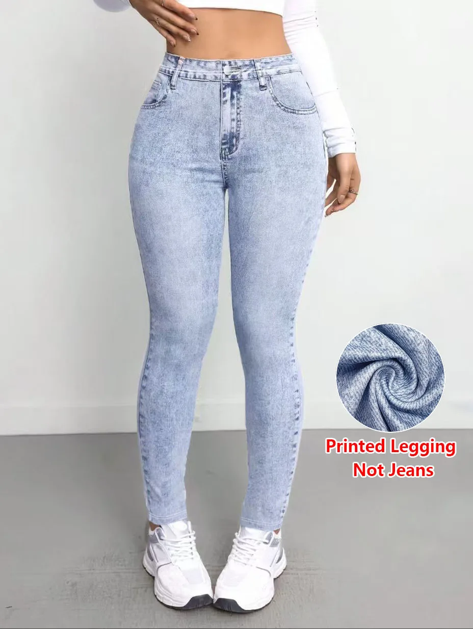 5771 Women's Non-Leather Denim Fabric Tight Pants Printed Base Layer Long Trousers Four Seasons Wearable Ladies Slim Fit Tights