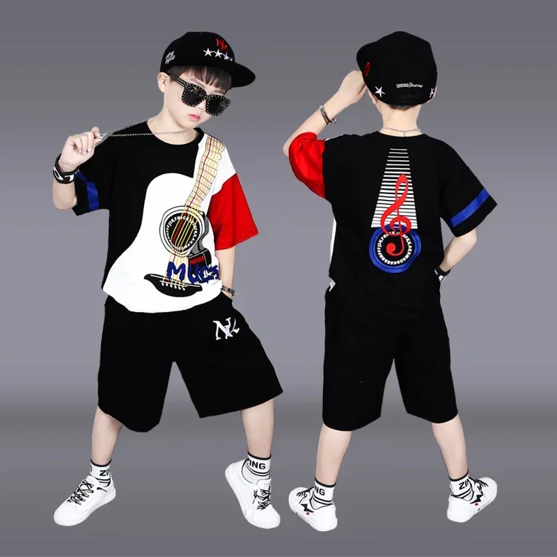 Boys' Handsome Fashion Playing Guitar Children's Performance Clothing Street Dance Set Boys' Summer Hip Hop Performance