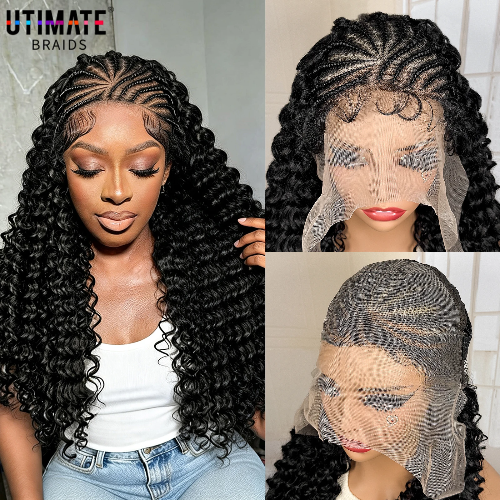 

13x6 Lace Frontal Synthetic Cornrow Braiding Wig with Curly 22 Inches Handmade African Braids Hair Wigs for Black Women