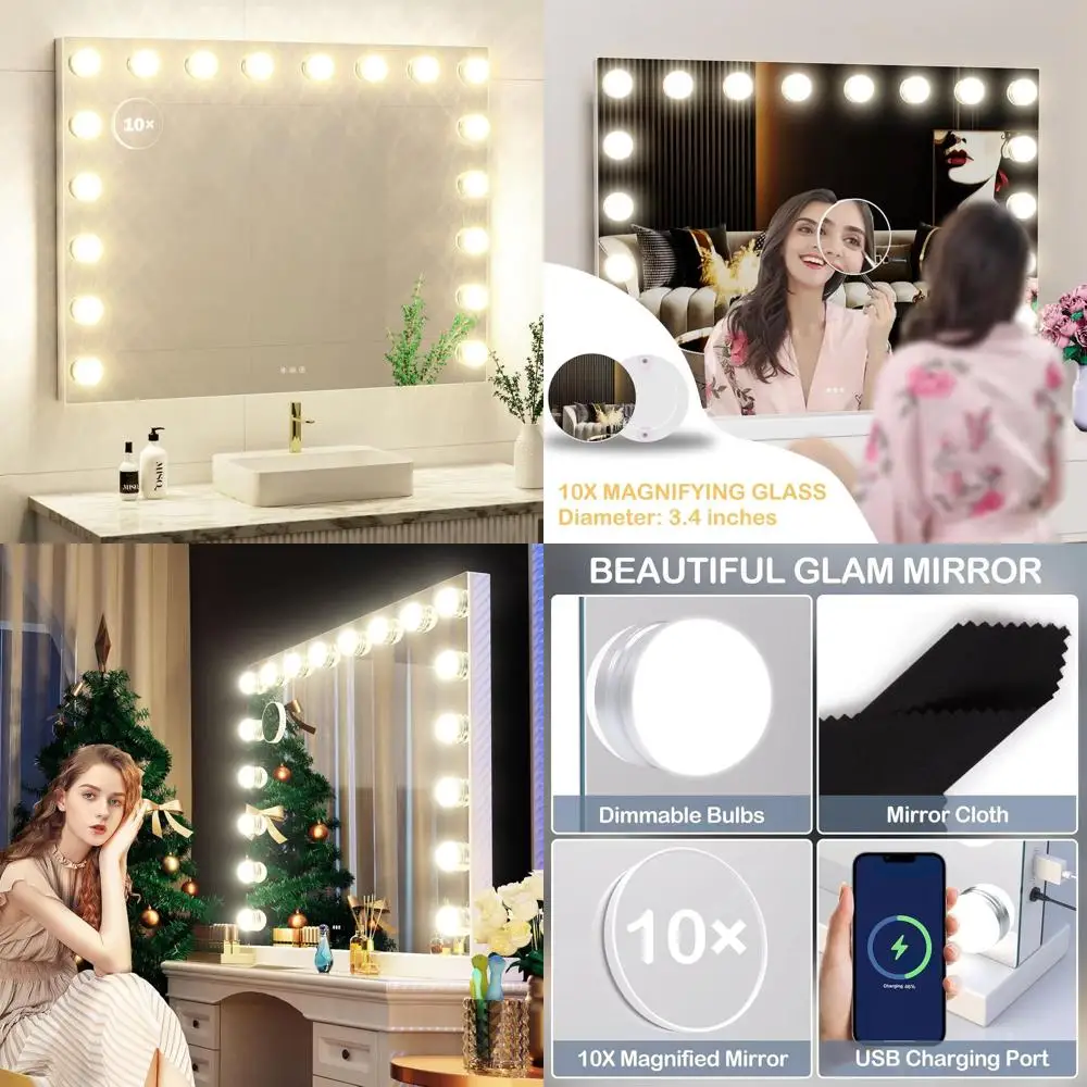 32 x 24 LED照明付きバニティミラー、18個の調整可能な電球、3つのカラーモード、タッチコントロール、メタルフレーム