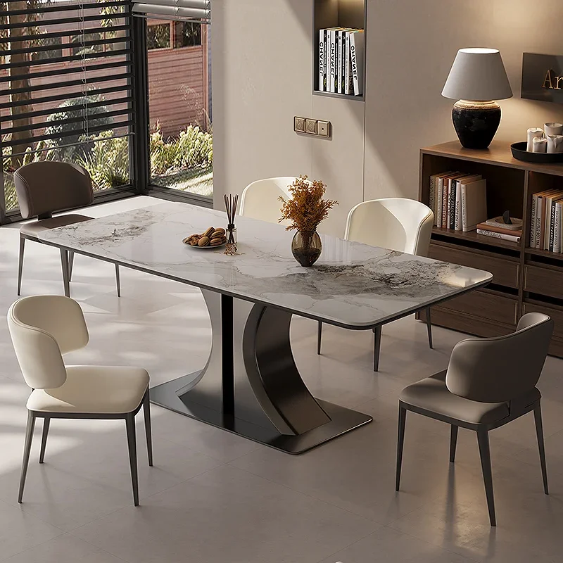 

Dining table and chairs living room home modern simple 2024 new rectangular Italian light luxury rock slab