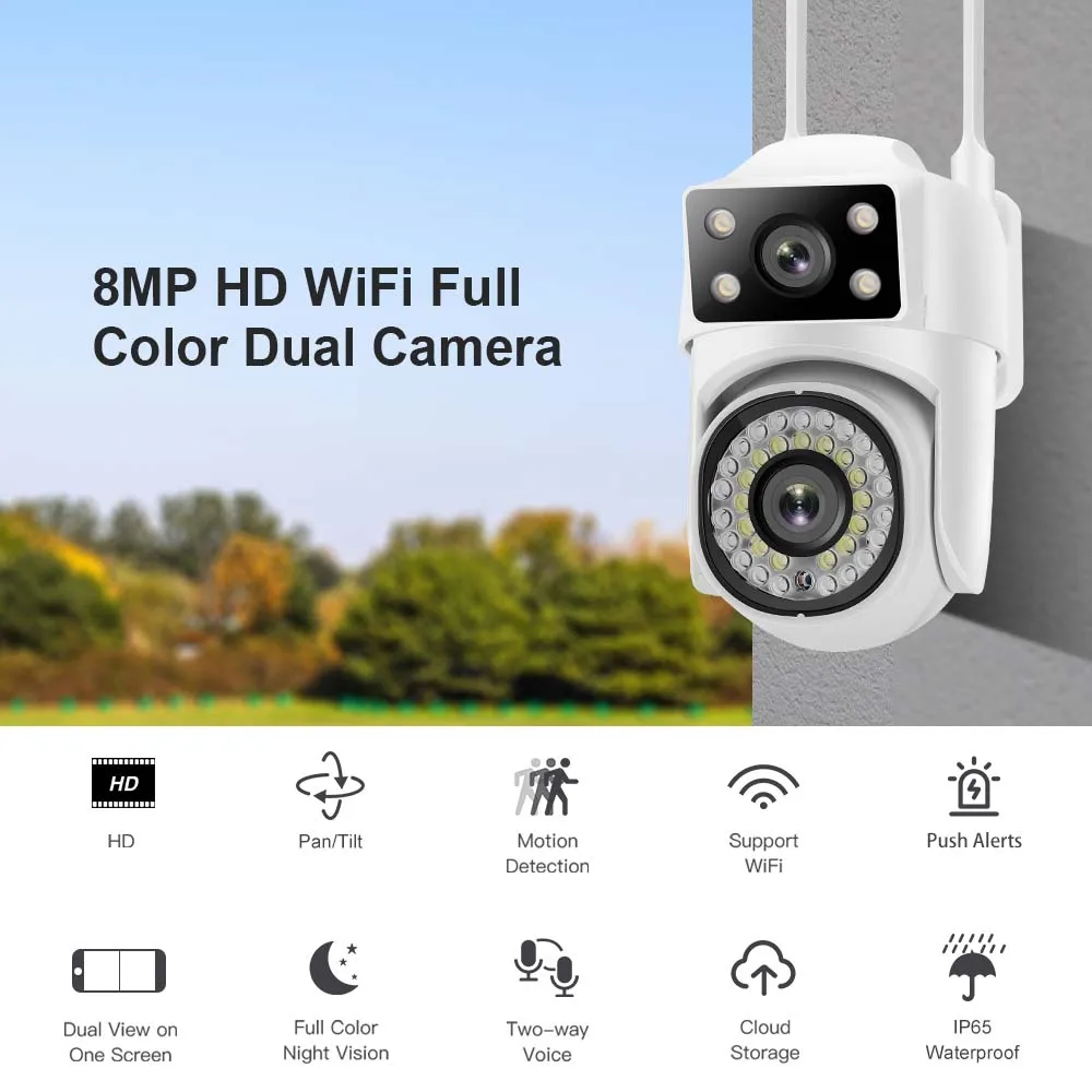 4K 8MP WiFi Camera Outdoor Dual Len Dual-screen Auto Tracking PTZ Cam 8X Zoom Security Protection CCTV Video Surveillance Camera