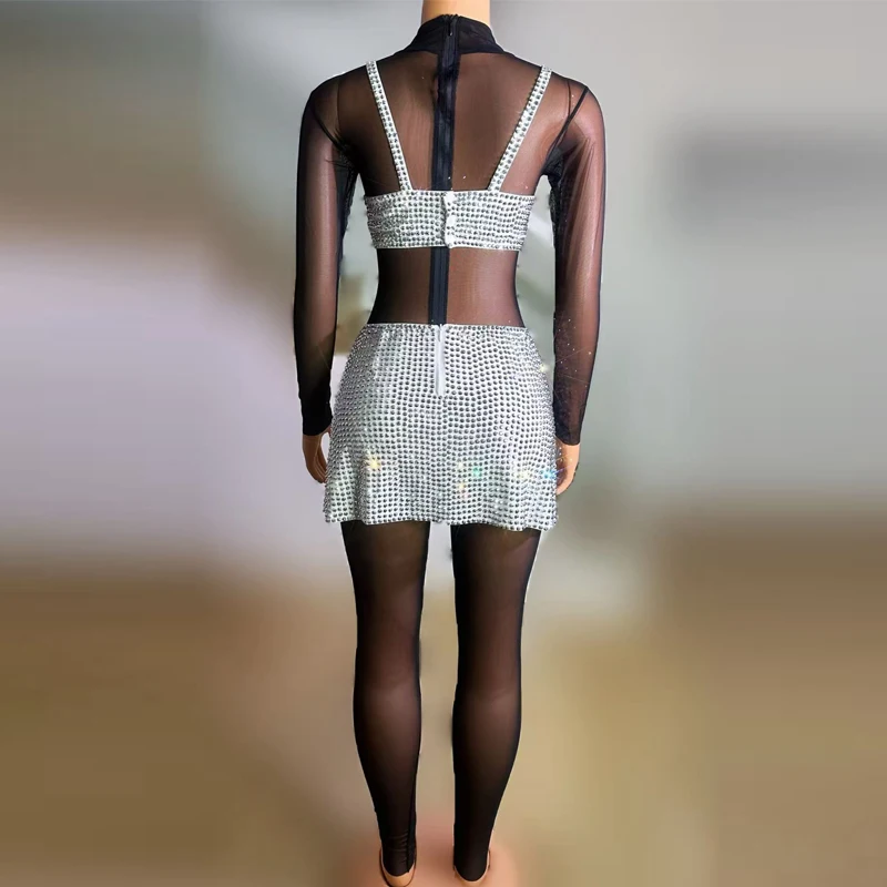 Sexy Mesh Overall Voller Strass Kostüm Frauen Party Jazz Dance Kleidung Bar DJ Pole Dance Festival Outfit Bühne Tragen XS9905