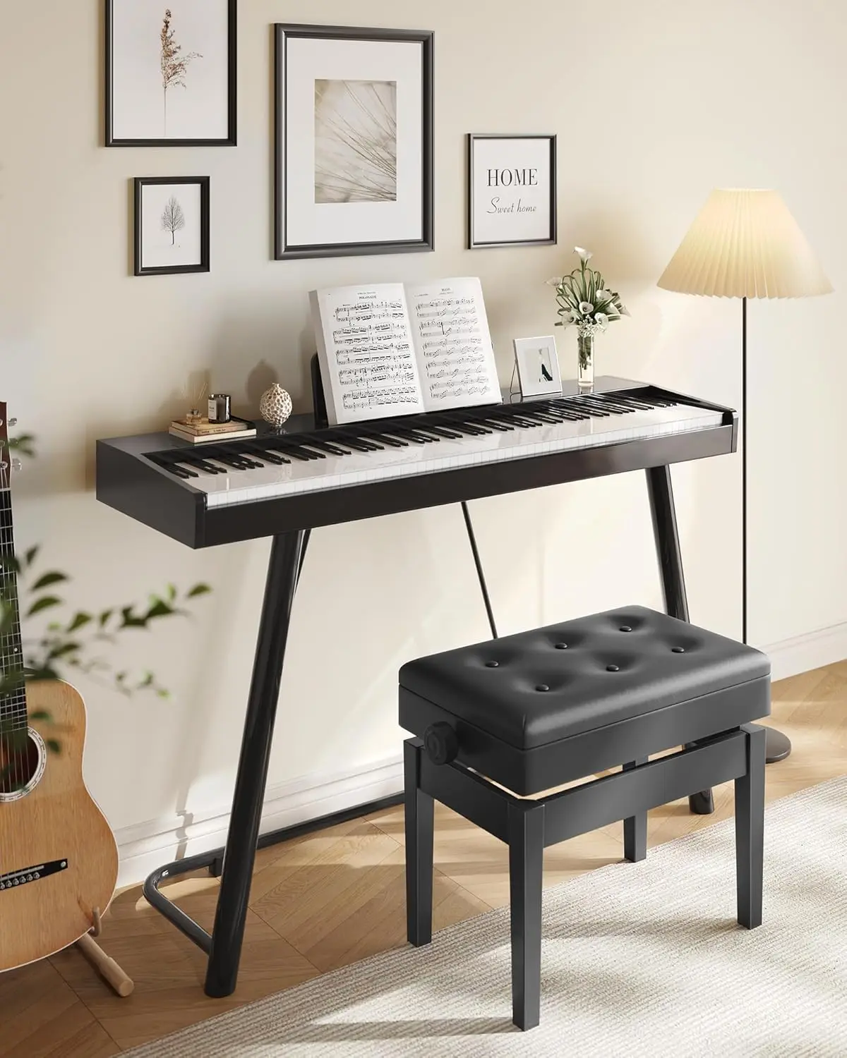 Adjustable Wooden Piano Bench Stool with Sheet Music Storage Black