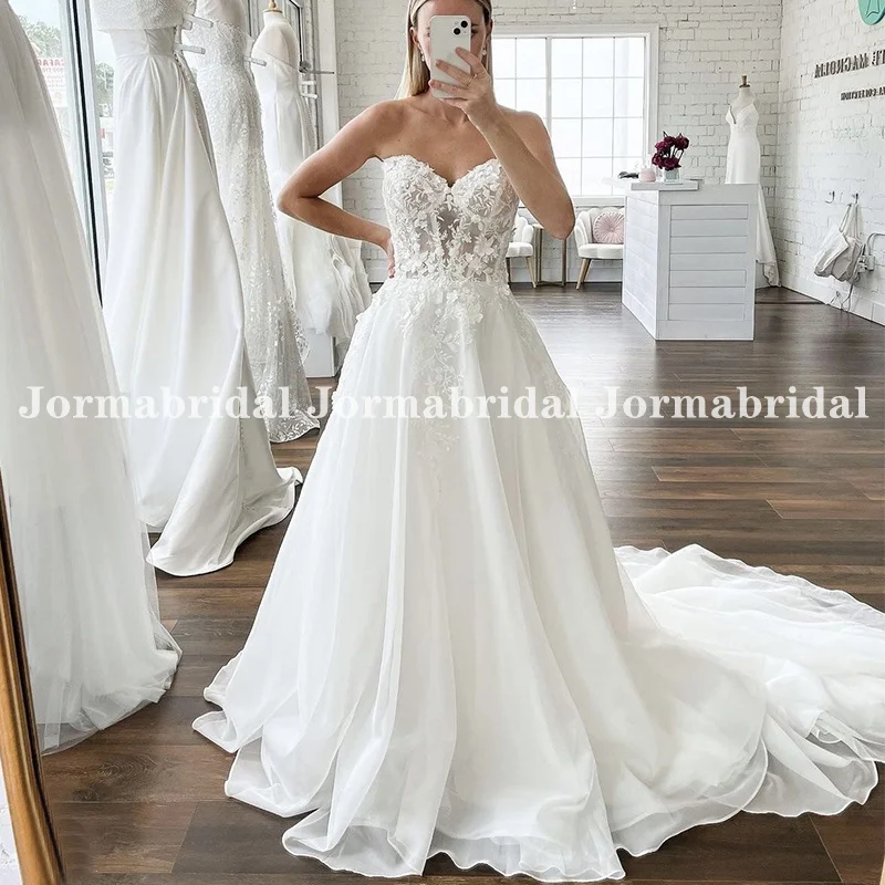 

Princess A-line Wedding Dress with Exposed Boning Sweetheart Neckline Appliques Long Train Corset Bridal Gowns Made to Measure