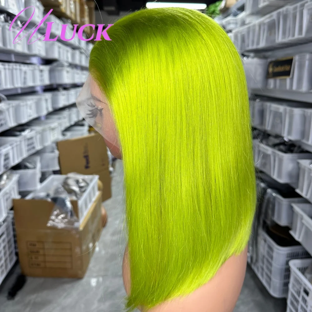 วิกผมบ๊อบสั้นตรงสีเขียวมะนาวแบบดับเบิ้ลดรอน ผมแท้บราซิล วิกผมลูกไม้ด้านหน้า 13x4  ถอนขนแล้วสำหรับผู้หญิง