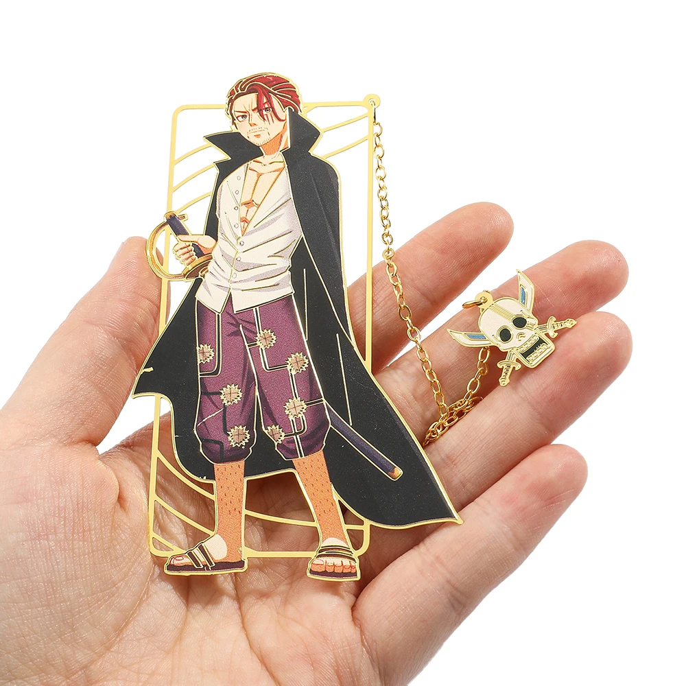 Anime One Piece Figure Metal Bookmarks with Tassel Luffy Uta Shanks Gold Color Book Marks Gifts for Fans Collection Supplies