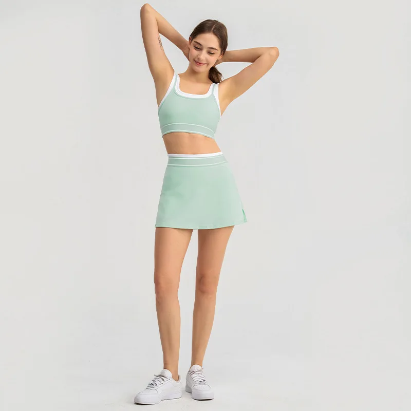 2025 High Support Sports Bra & Skirt Set - Breathable Workout Clothes for Gym, Yoga, Tennis | Fake Two-Piece Design