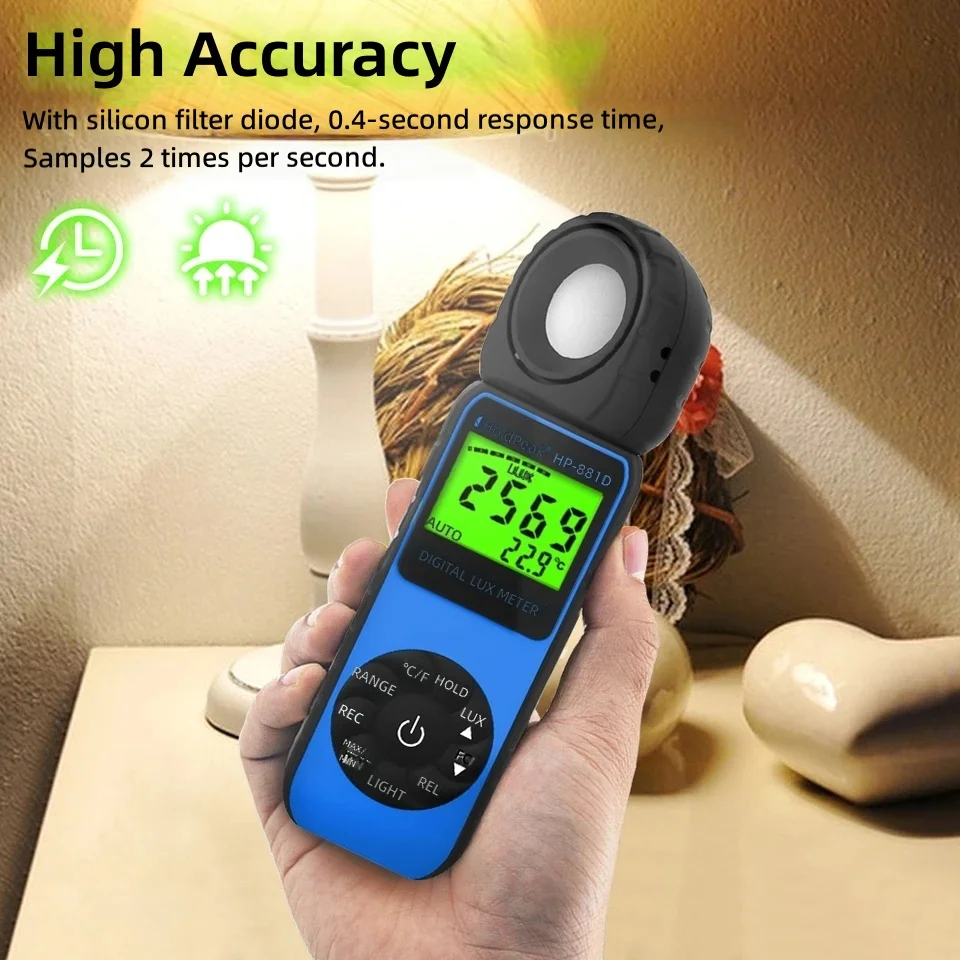 Compact Digital Lux Meter HP-881D 3999 Counts Bar Graph Display Silicon Light Filtering Diode Transducers Plant Growth