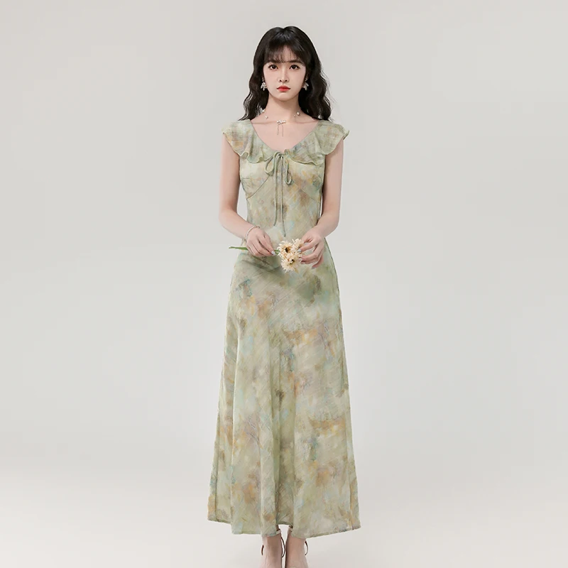   Elegante Vestido Maxi de Gasa Verde Aguamarina Estilo Francés para Mujer, Cuello en V, Adorno de Volantes, Cintura Ajustable, Vestido Largo Informal para Fiestas de Verano