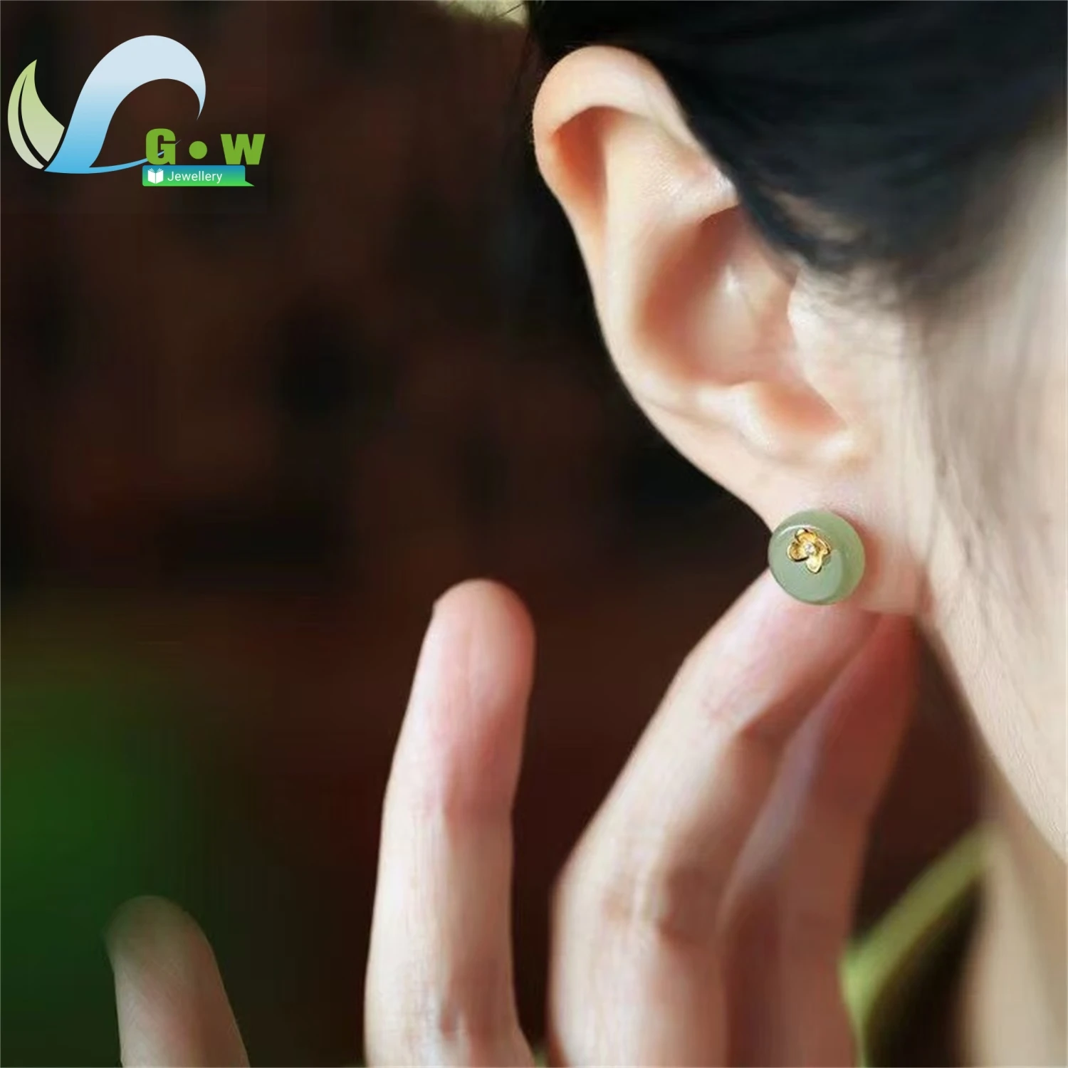 Natural Jadeite Flower Stud Earrings Peace Buckle Drop Dangle Unisex Minimalist Gemstone Jewelry Daily Wear Elegant Charm Gift