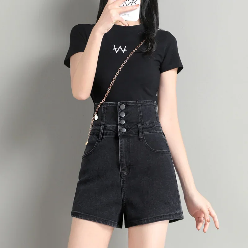 Summer Women Sexy Back Lace Up Design High Waist Hot Shorts Multi-button Black Denim Shorts New White A-Line Loose Straight Jean