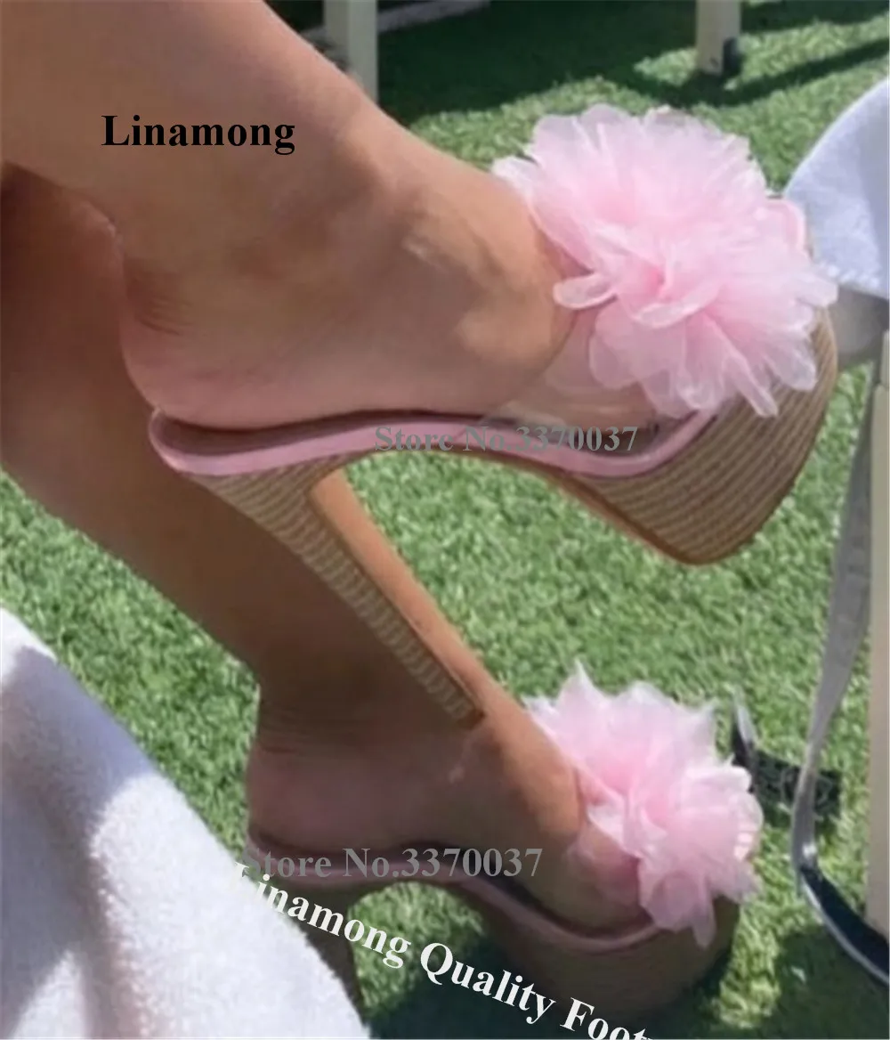 

Linamong Charming Pink Flowers Decorated Stiletto Heel Slippers Open Toe PVC Patchwork Thin Heel Sandals Party Heels