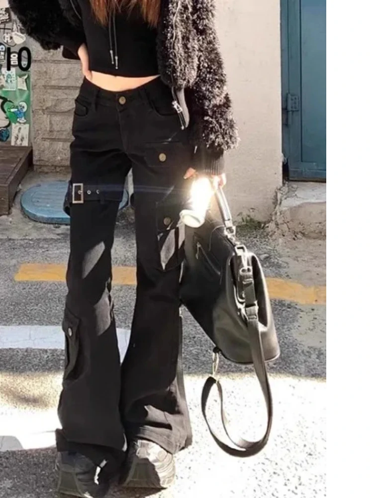 Preto sino inferior jeans para mulheres cintura alta vários bolsos calças retas 2025 primavera novo solto perna larga alargamento calças