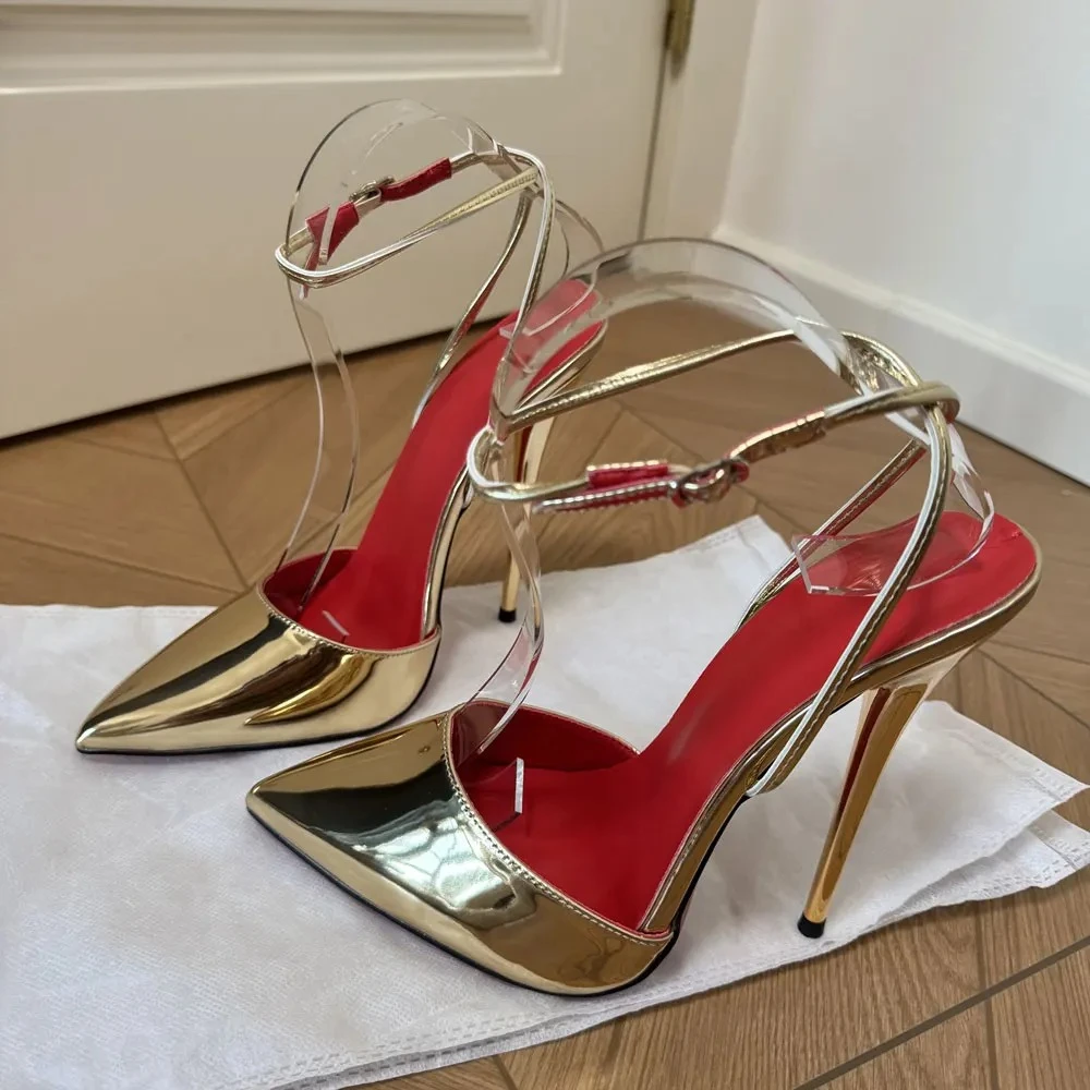 New SEXY Gold Sandals 14/16CM Ultra High Heels Pointed Toe Cross Ankle Strap Slingback Pumps Pole Dancing Evening Dinner Shoes