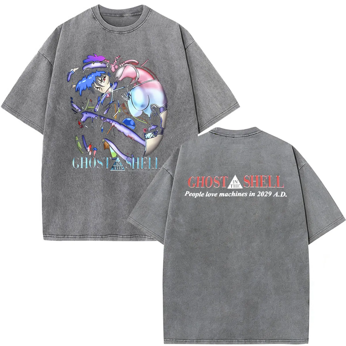 Anime Ghost in The Shell Motoko Kusanagi Vintage Washed T Shirts Men Women Clothing Fashion Punk Short Sleeve Oversized T-shirts - view 2