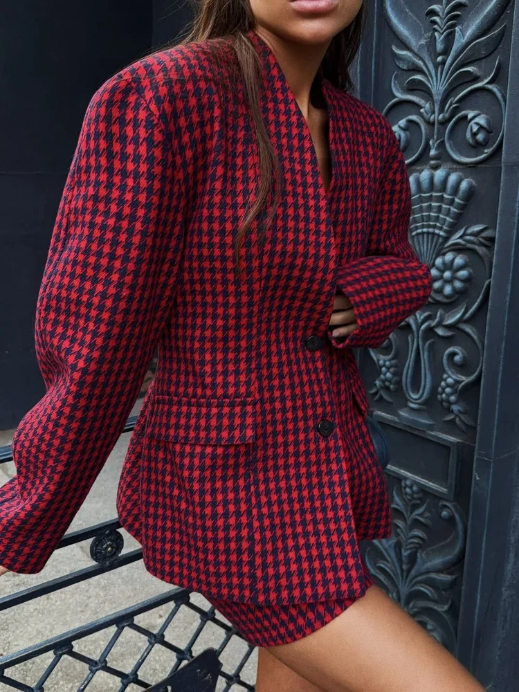 Houndstooth Print Blazer Skirt Set Long Sleeve Notched Collar Oversized Mini Skirts Suit Lady Autumntwo Piece Outfits 2026
