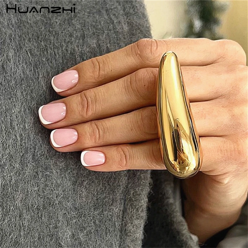 HUANZHI Exaggerated Geometric Gold Sliver Color Large Water Drop Ring Big Luxury Punk Vintage Jewelry 2024 New Trend for Women