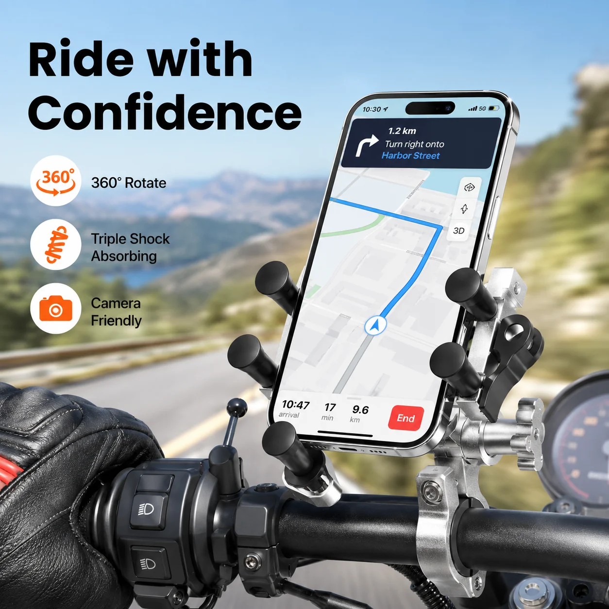Motorcycle Phone Holder Aluminum Alloy Handlebar Clamp Triple Shock Absorbing 360° Rotating GPS Navigation Mount