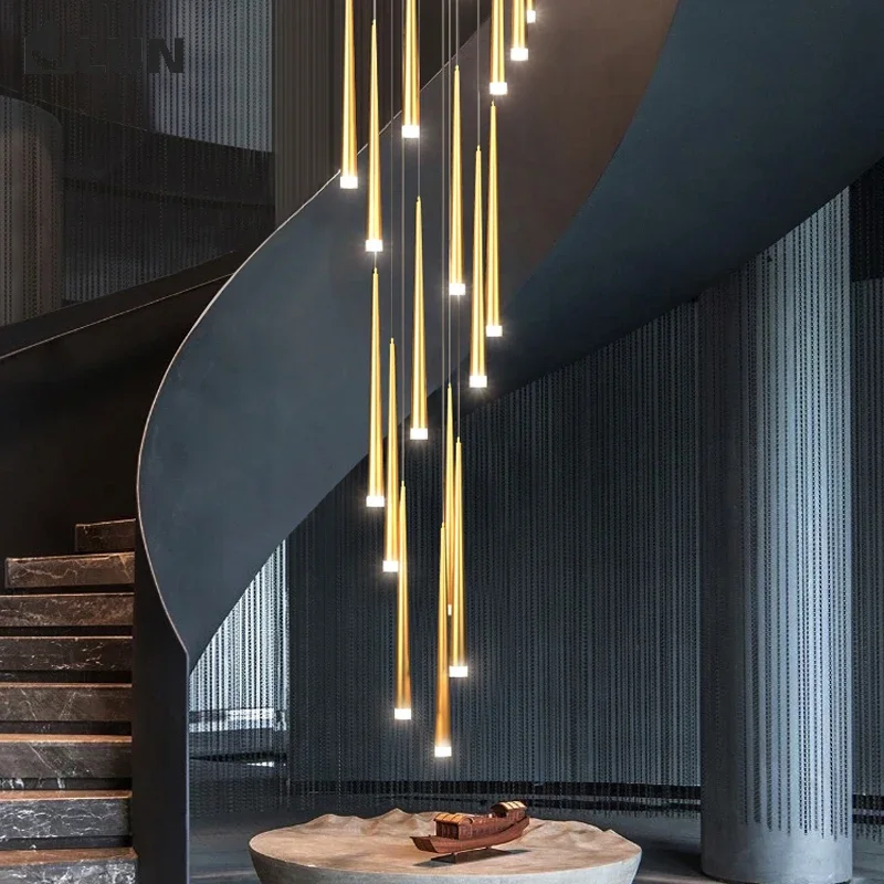 Stair chandelier simple light luxury long  duplex building villa loft apartment stairwell rotating