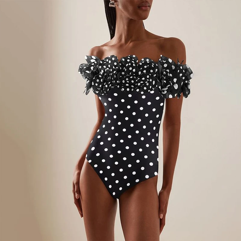 New Sexy Off The Shoulder Bandeau Polka Dot Print Swimwear Women One Piece Swimsuit Female Bathing Suit Ruffle Monokini SwimWear