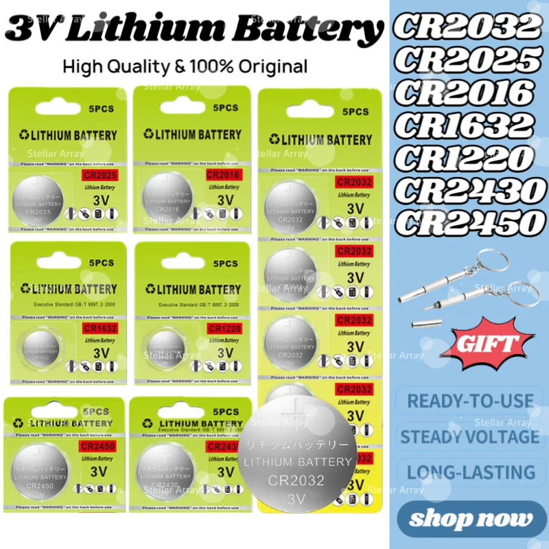 

New 3V Lithium Button Cell Batteries CR2032 CR2025 CR2016 CR1220 CR1632 CR2430 CR2450 for Electronic Products and Devices