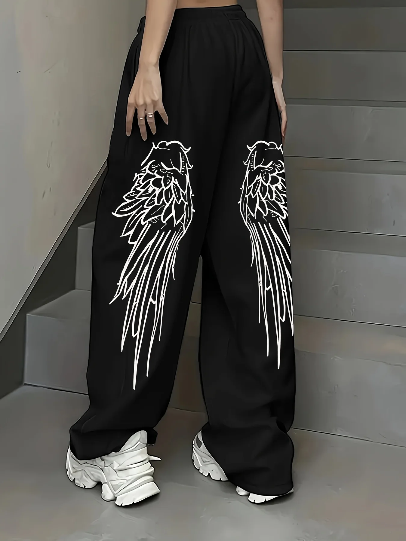 Outono e inverno feminino plus size dupla asa em forma de impressão solta reta velo perna sweatpants streetwear elegante versátil